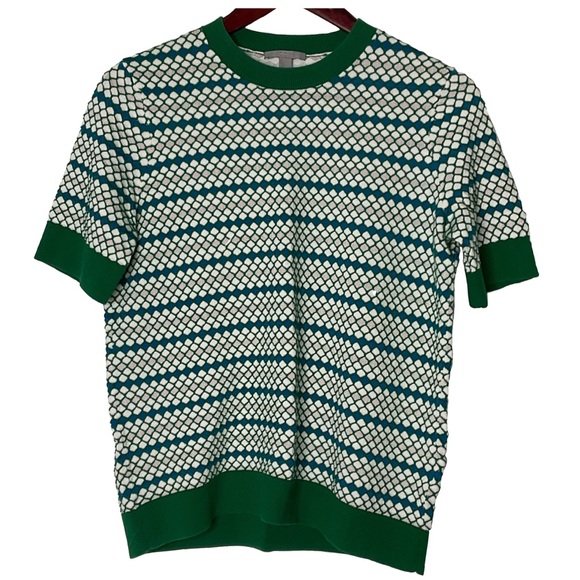 COS Tops - COS Retro Geometric Crew Knitted Green White Blue Cap Sleeve Top Size Small